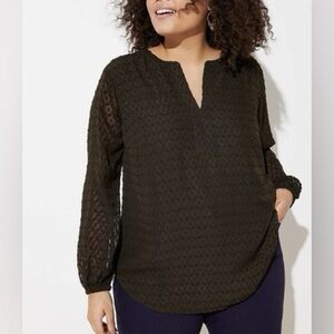 LOFT Green Textured Lace Trim V-neck Blouse